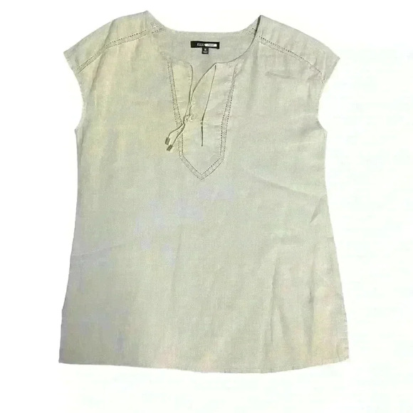 Ellen Tracy Classic Linen Tunic w/ Crochet Trim. Color: Sand Size M - Picture 1 of 8